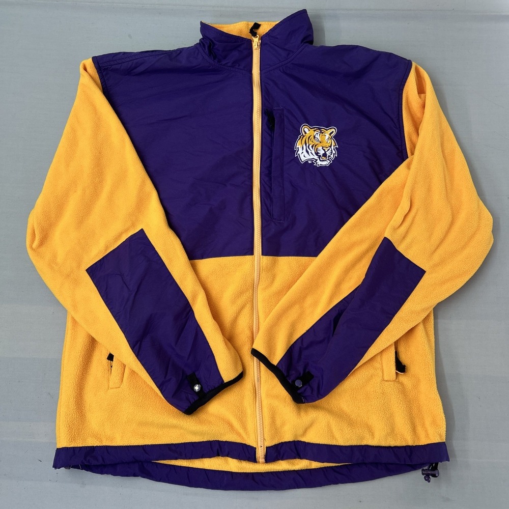 Vintage Reebok Logo Athletic LSU Fighting Tigers Full Zip Fleece XL Purple Gold